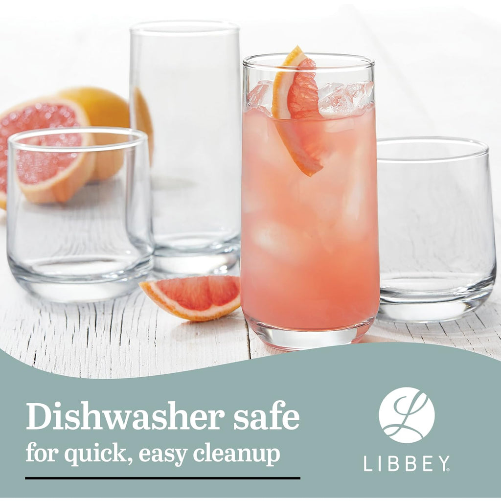 Libbey Ascent Tumbler and Rocks Drinking Glasses Set of 16, Glass Drinking Glasses with Curvature, Versatile Glassware Set for Parties and More
