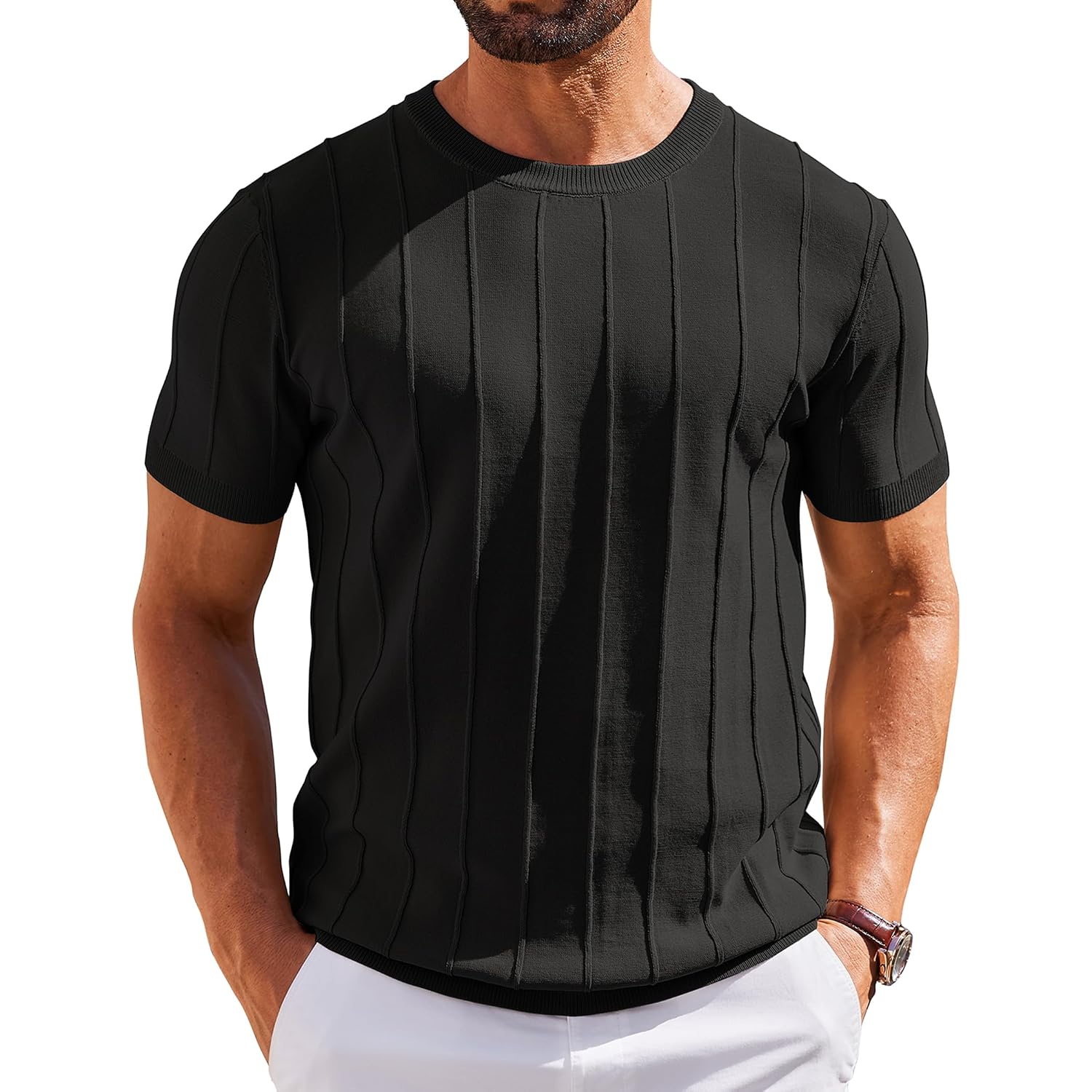 Coofandy Men'S T- Shirts Short Sleeve Knit Sweater Shirt Casual Crewneck Ribbed Pullover Tees