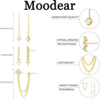 Moodear Dangle Earrings 3/4 Pairs Dainty 14K Gold Plated Earrings for Women Trendy Chain Earring Stacks Set Cubic Zirconia Drop Hoop Stud Hypoallergenic Earrings for Women Jewelry Gifts