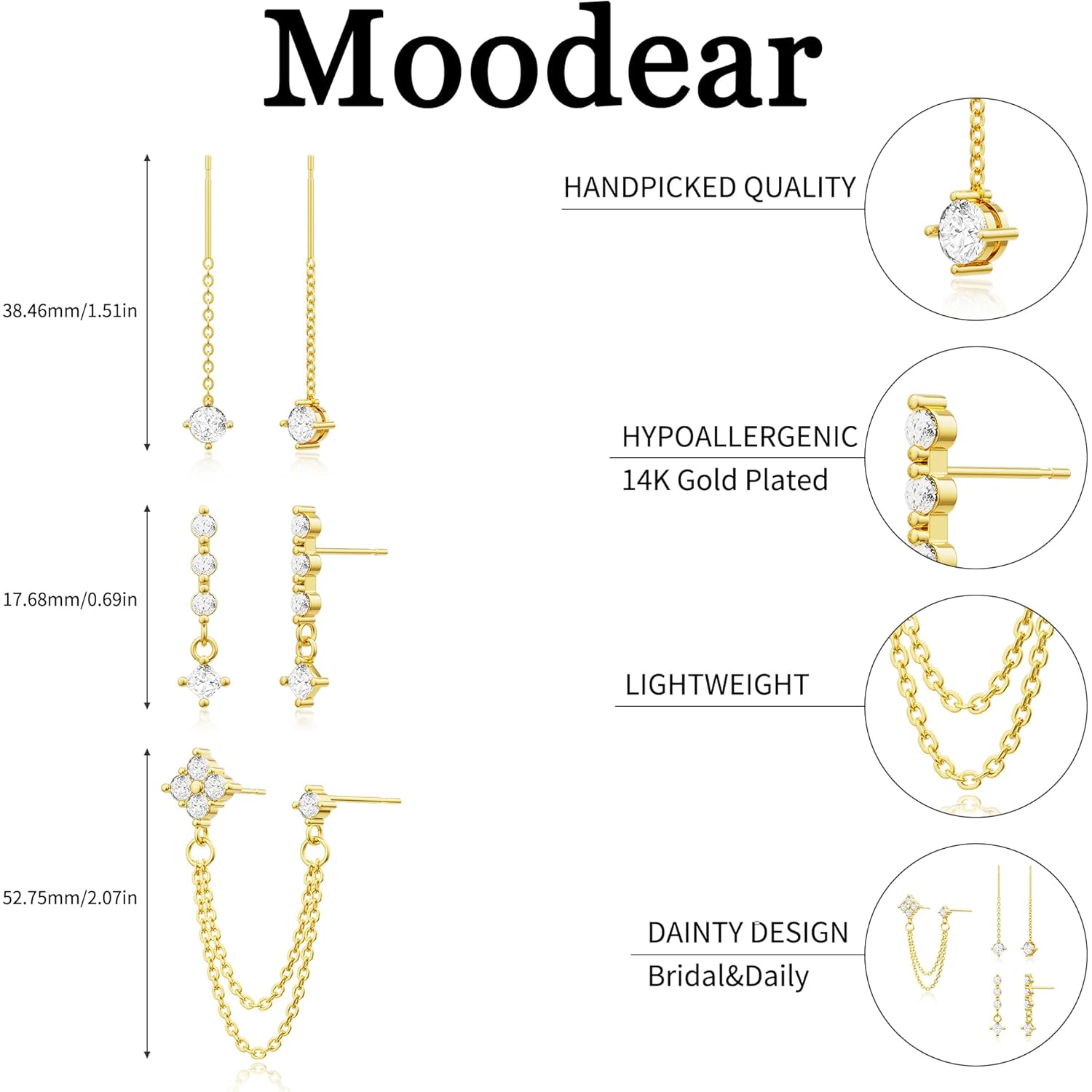 Moodear Dangle Earrings 3/4 Pairs Dainty 14K Gold Plated Earrings for Women Trendy Chain Earring Stacks Set Cubic Zirconia Drop Hoop Stud Hypoallergenic Earrings for Women Jewelry Gifts