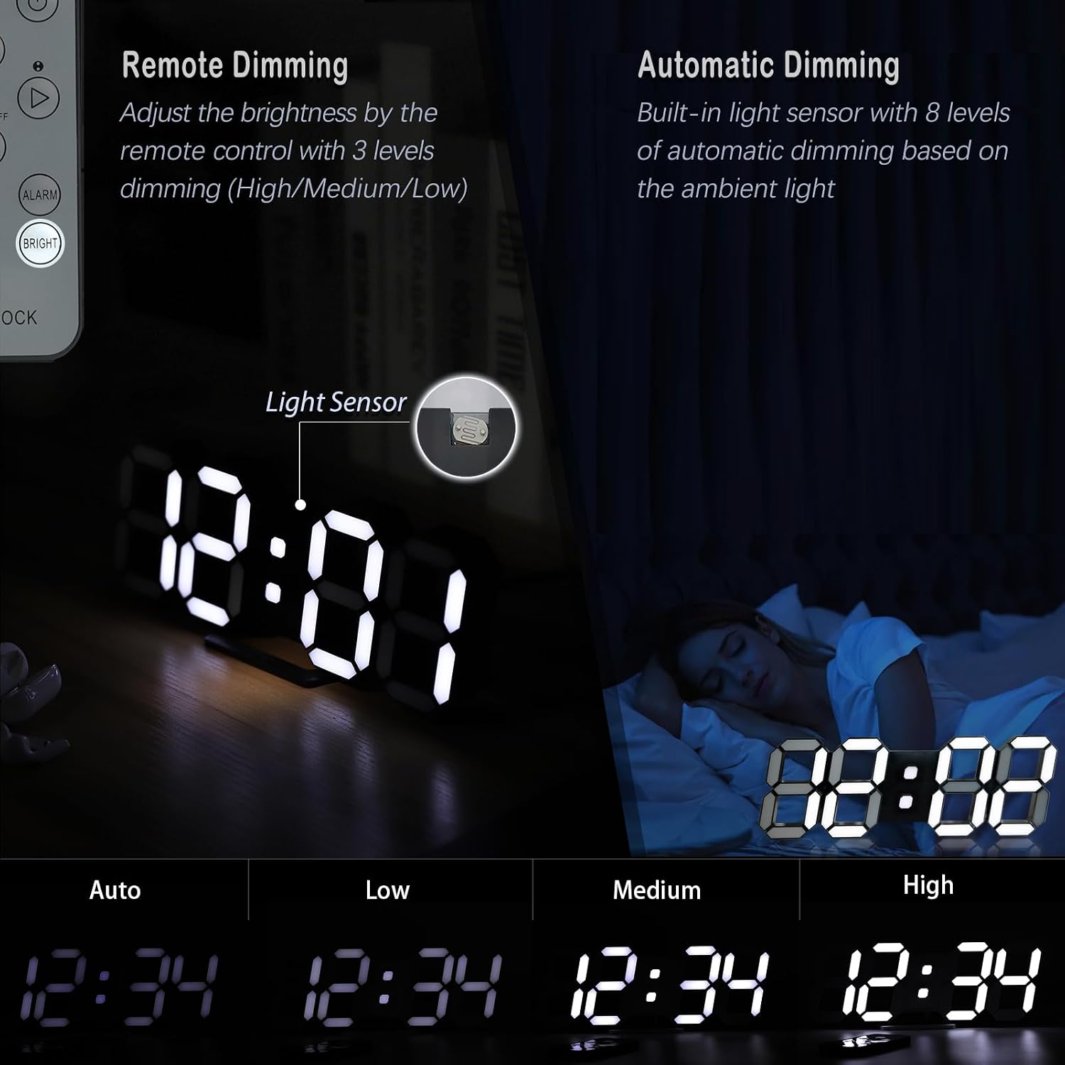 Digital Clock 3D Led Wall Clock For Living Room Decor 9.7" Alarm Clocks Black Clock Wall Decor Digital Wall Clock,Remote Control/Dimmer/Date/Temperature
