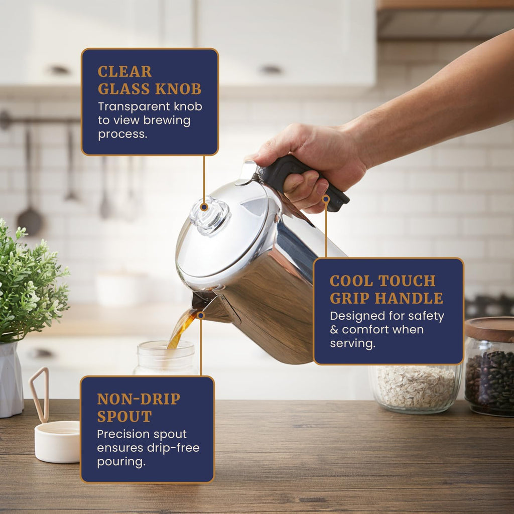 Elite Gourmet Ec008 Classic Stovetop Coffee Percolator, Glass Clear Brew Progress Knob, Cool-Touch Handle, Cordless Serve, 8-Cup, Stainless Steel