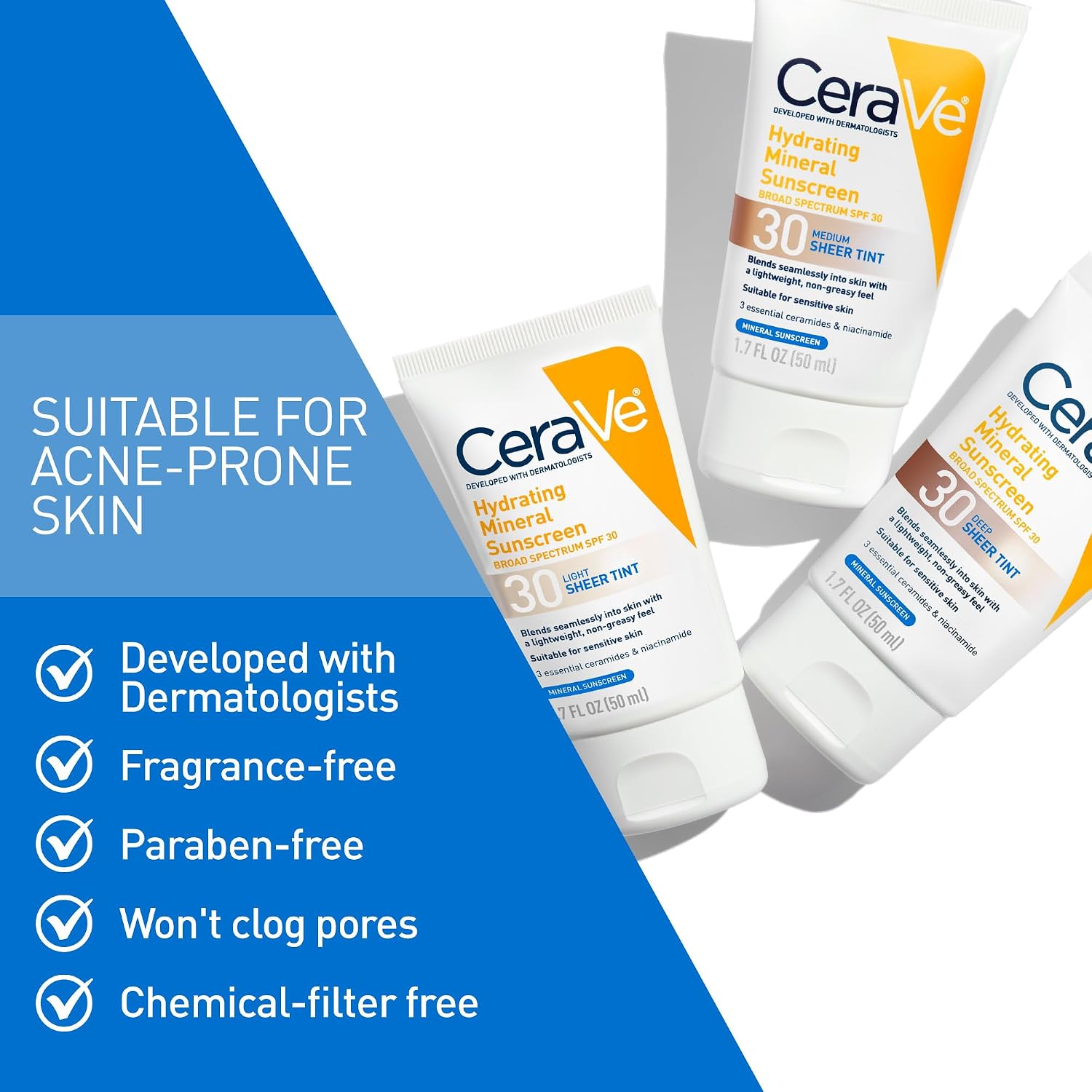 Cerave Hydrating Mineral Sunscreen Spf 30 With Sheer Tint, Tinted Mineral Sunscreen With Zinc Oxide & Titanium Dioxide, Blends Seamlessly For Healthy Glow, Light, 1.7 Oz