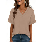 Womens Oversized V Neck Tshirts Plus Size Summer Tops 2026 Short Rolled Sleeve Shirts Dressy Casual Blouses S-4XL