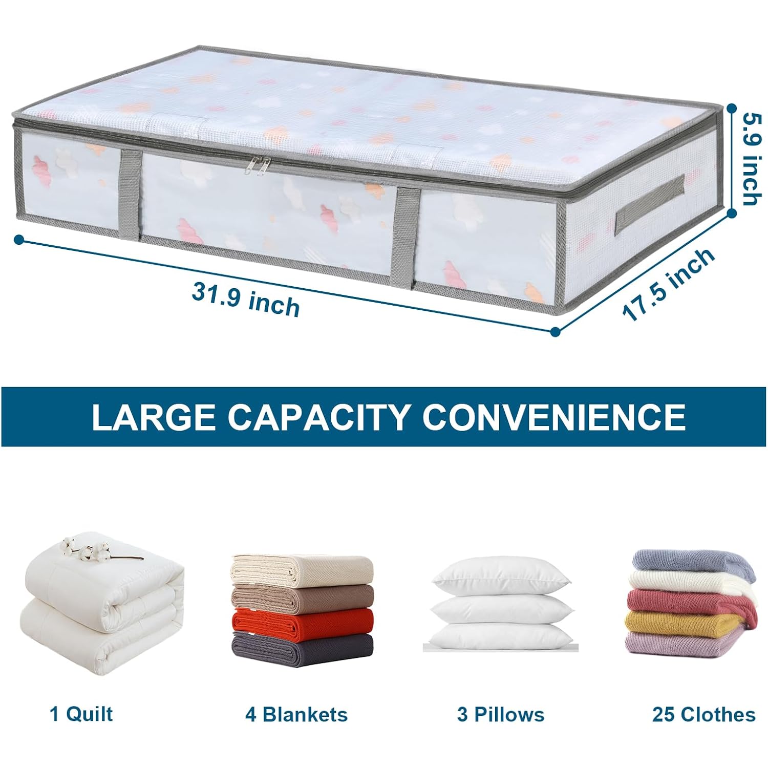 2 Pack Under Bed Storage Containers Bins, Humid-Proof Plastic Underbed Storage Bins, Clothes Storage And Organization Bags, Under The Bed Blanket Storage With Handles For Clothes, Bedroom