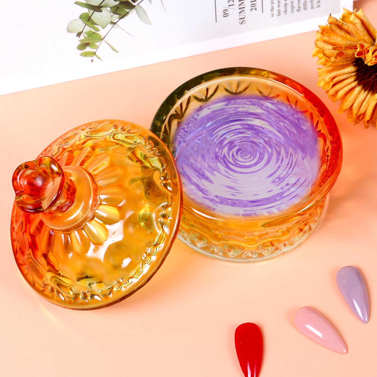 Dappen Dish with Liquid for Acrylic Powder Nails Diamond Styling Design Crystal Glass Monomer Dampen Dish Holder for Nail Acrylic Liquid (Gold)