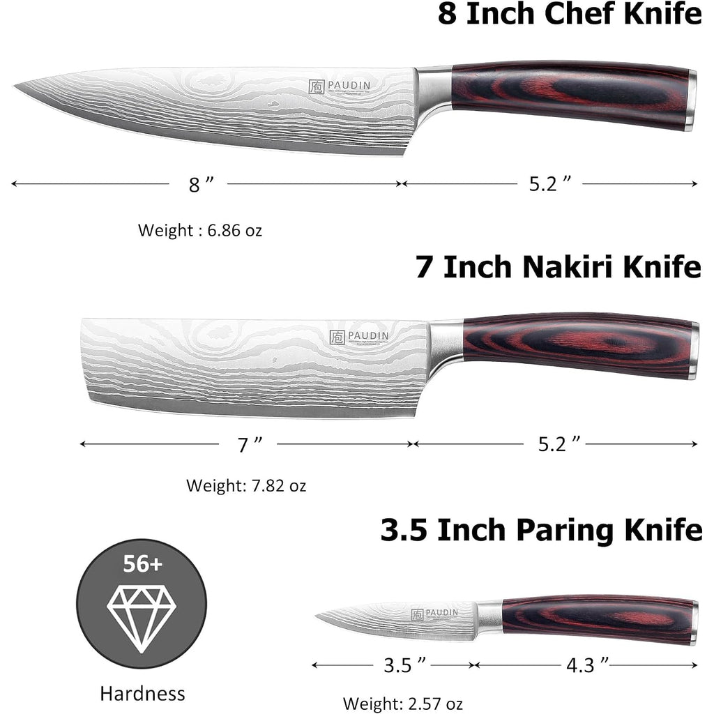 Paudin Kitchen Knife Set, 3 Piece High Carbon Stainless Steel Professional Chef Knife Set With Ultra Sharp Blade & Wooden Handle (Kitchen Knife Set 3 Pcs)