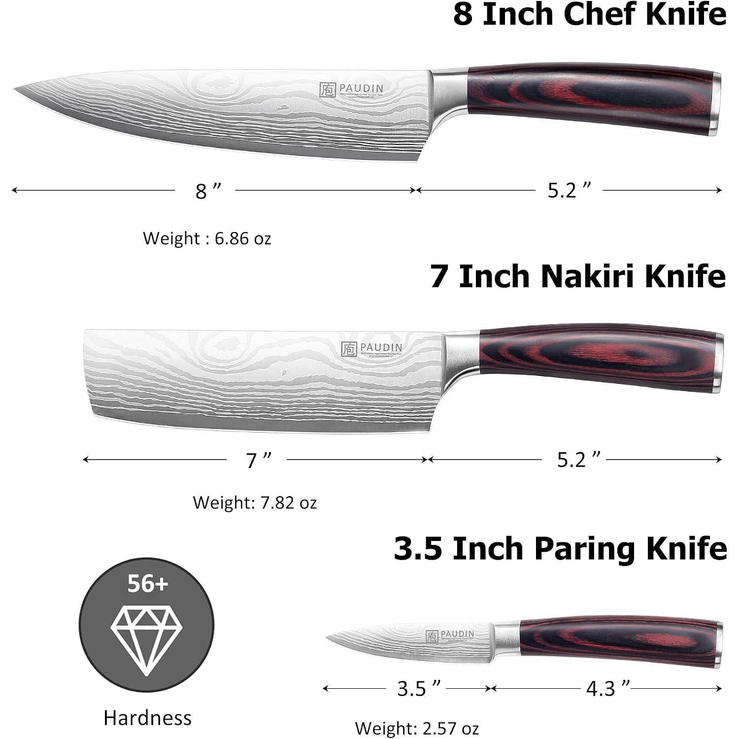 Paudin Kitchen Knife Set, 3 Piece High Carbon Stainless Steel Professional Chef Knife Set With Ultra Sharp Blade & Wooden Handle (Kitchen Knife Set 3 Pcs)