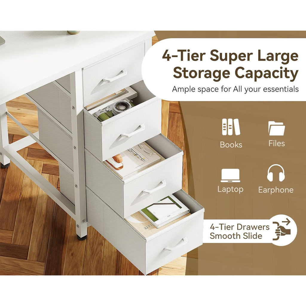 Odk 40 Inch Small White Computer Desk With 4 Fabric Drawers, Modern Office Desk For Home Office Gaming With Storage Shelves Study, White