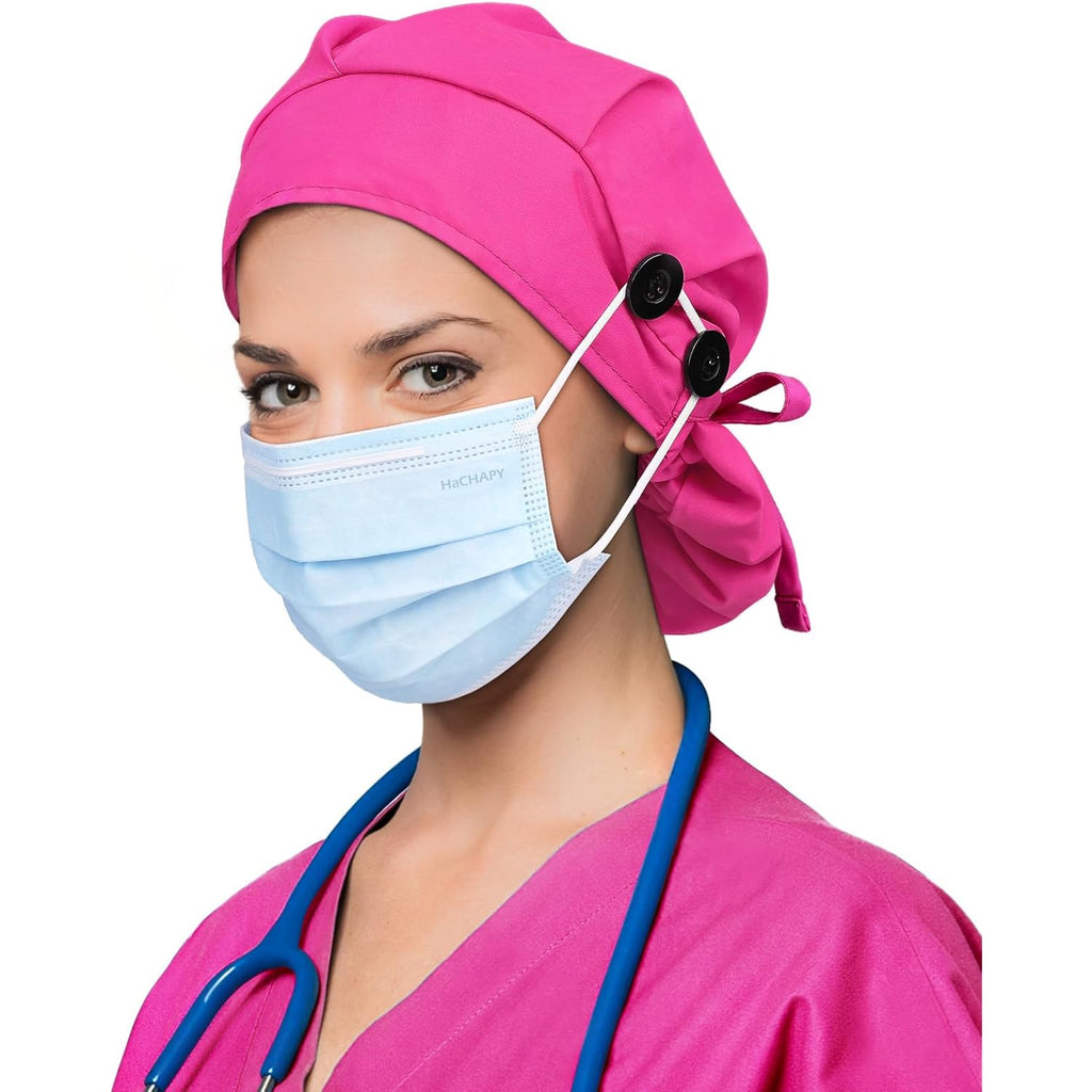 Satin Lined Scrub Cap For Women Ponytail Hair Surgical Nurse Cap 4 Buttons