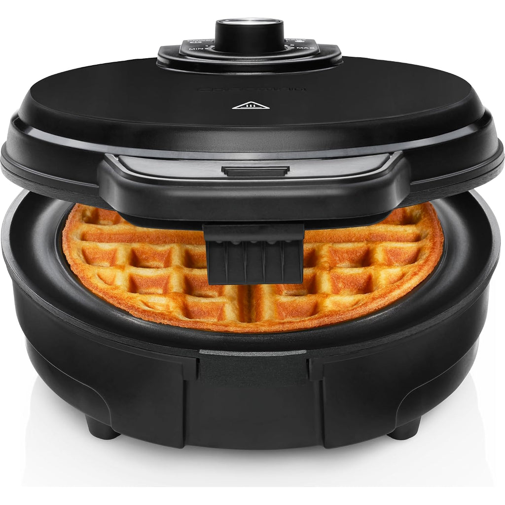 Chefman Anti-Overflow Belgian Waffle Maker W/Shade Selector, Temperature Control, Mess Free Moat, Round Iron W/Nonstick Plates & Cool Touch Handle, Measuring Cup Included, Black