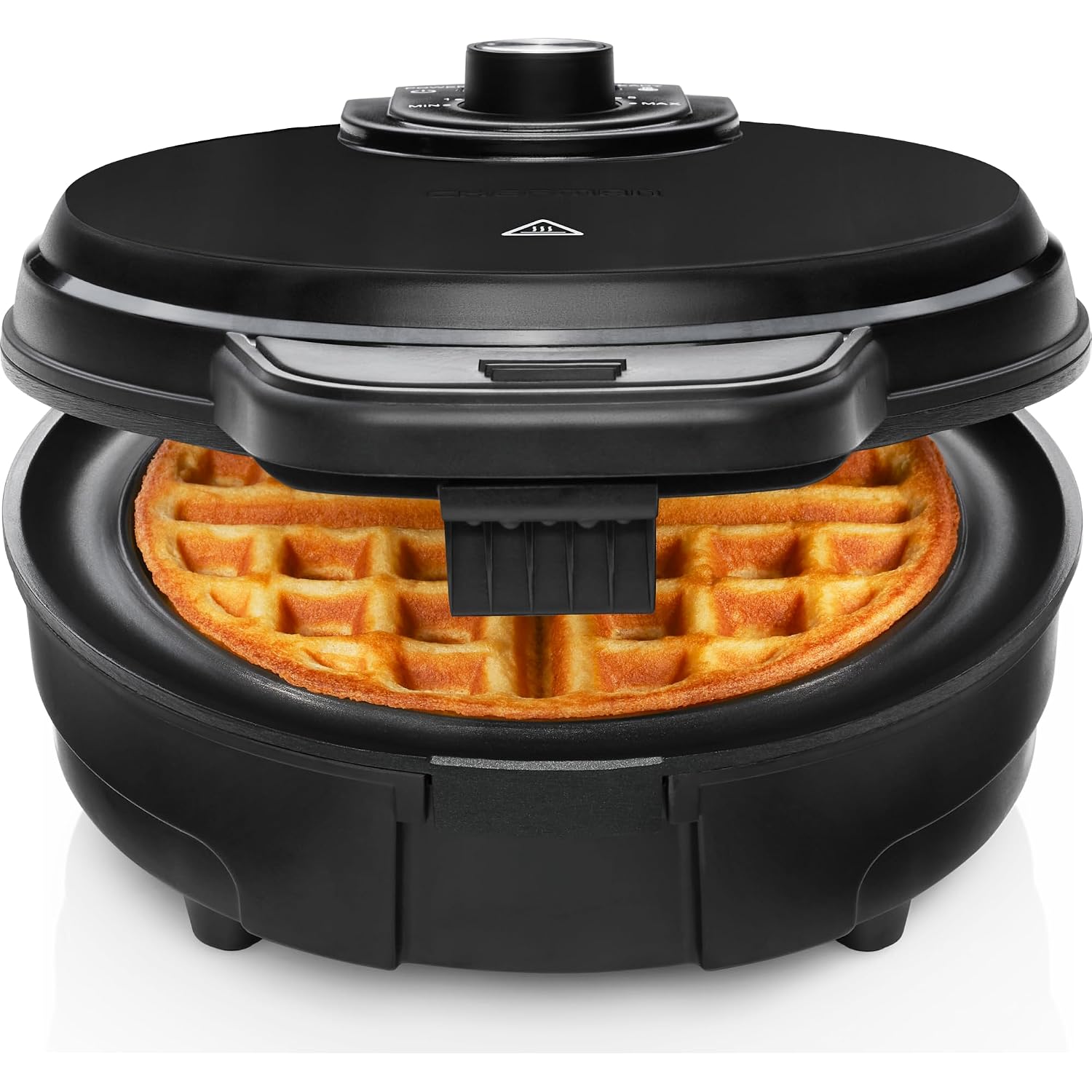 Chefman Anti-Overflow Belgian Waffle Maker W/Shade Selector, Temperature Control, Mess Free Moat, Round Iron W/Nonstick Plates & Cool Touch Handle, Measuring Cup Included, Black