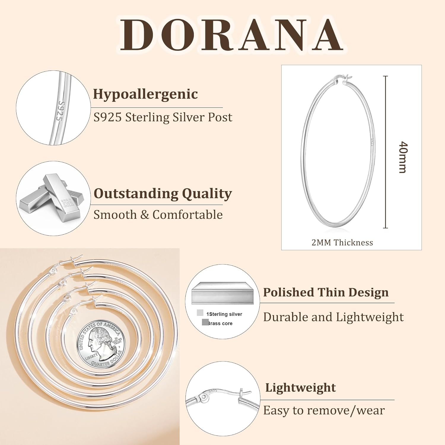 2mm Thin Large S925 Sterling Silver Hoop Earrings for Women Hypoallergenic Big Hoop Non Tarnish Earrings Lightweight 20/30/40/50/60/70mm