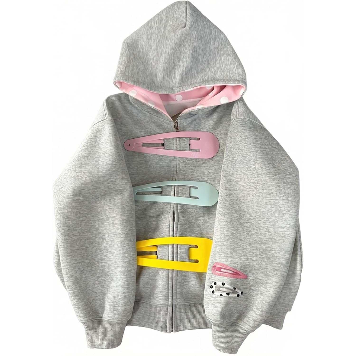 Bonven Women'S Cute Hair Clip Hoodie Oversized Y2K Zip Up Jacket Trendy Polka Dot Retro Whimsical Sweatshirt Hoodie