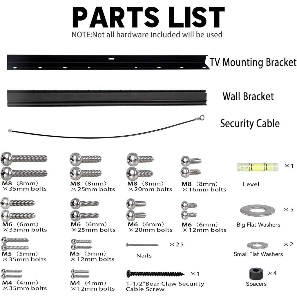 No Stud TV Wall Mount, Drywall Studless TV Hanger No Damage, No Drill, Non Screws, Dry Wall Flat Screen TVs Easy Install Bar Bracket fits VESA 12-55 inch TVs up to 99 lbs, Include Hardware Levels