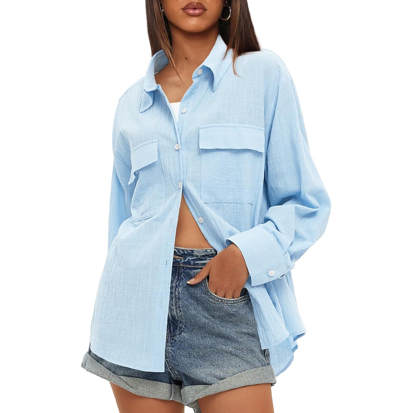 Women's Button Down Long Sleeve Shirts Cotton Blend Casual Oversized Boyfriend Loose Fit Blouse Top