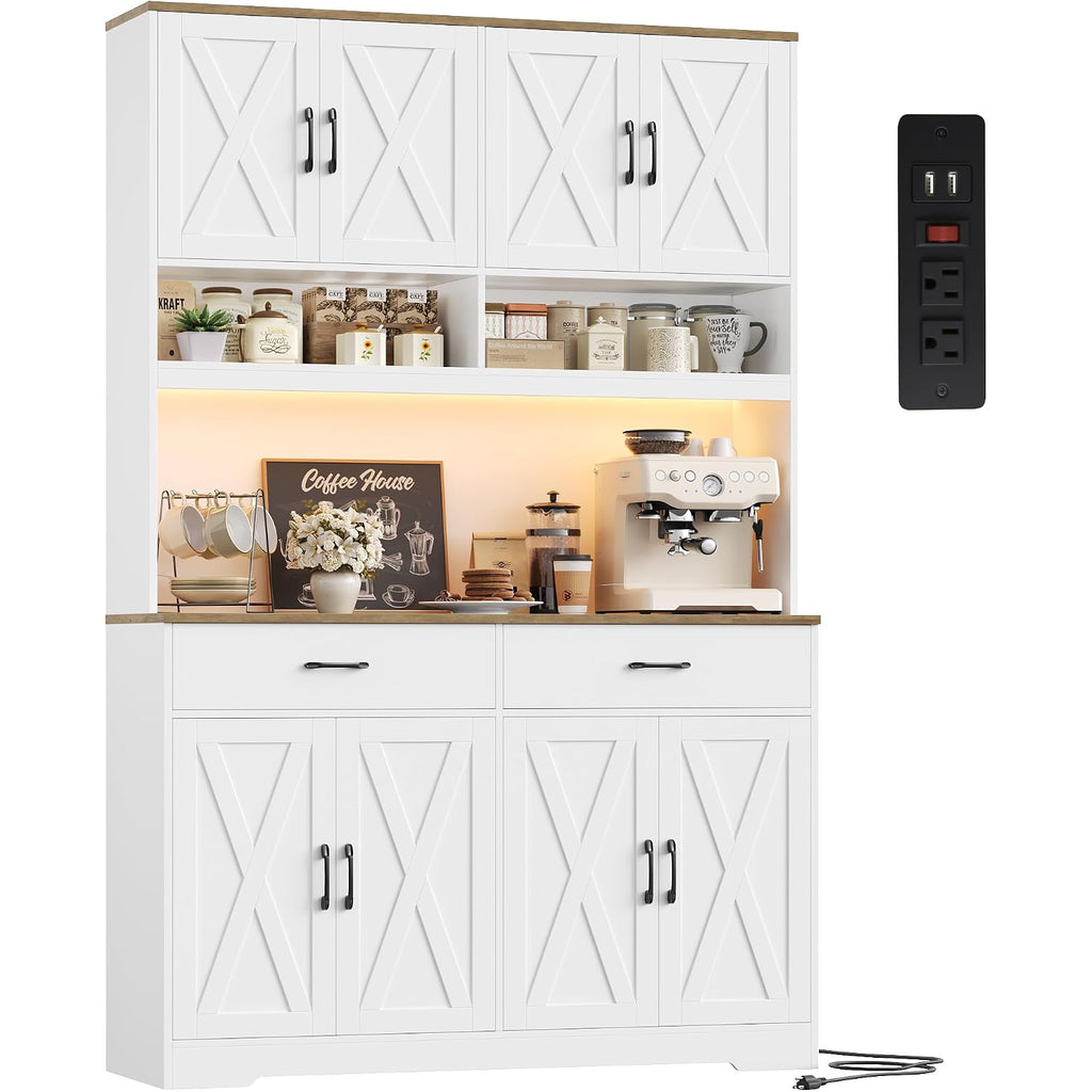 Hostack 75" Tall Kitchen Pantry Storage Cabinet, 45" W Hutch Cabinet, White | Farmhouse Pantry Cabinet With Charging Station / Led Lights / Countertop, Wood Kitchen Hutch With 2 Drawers For Dining Room