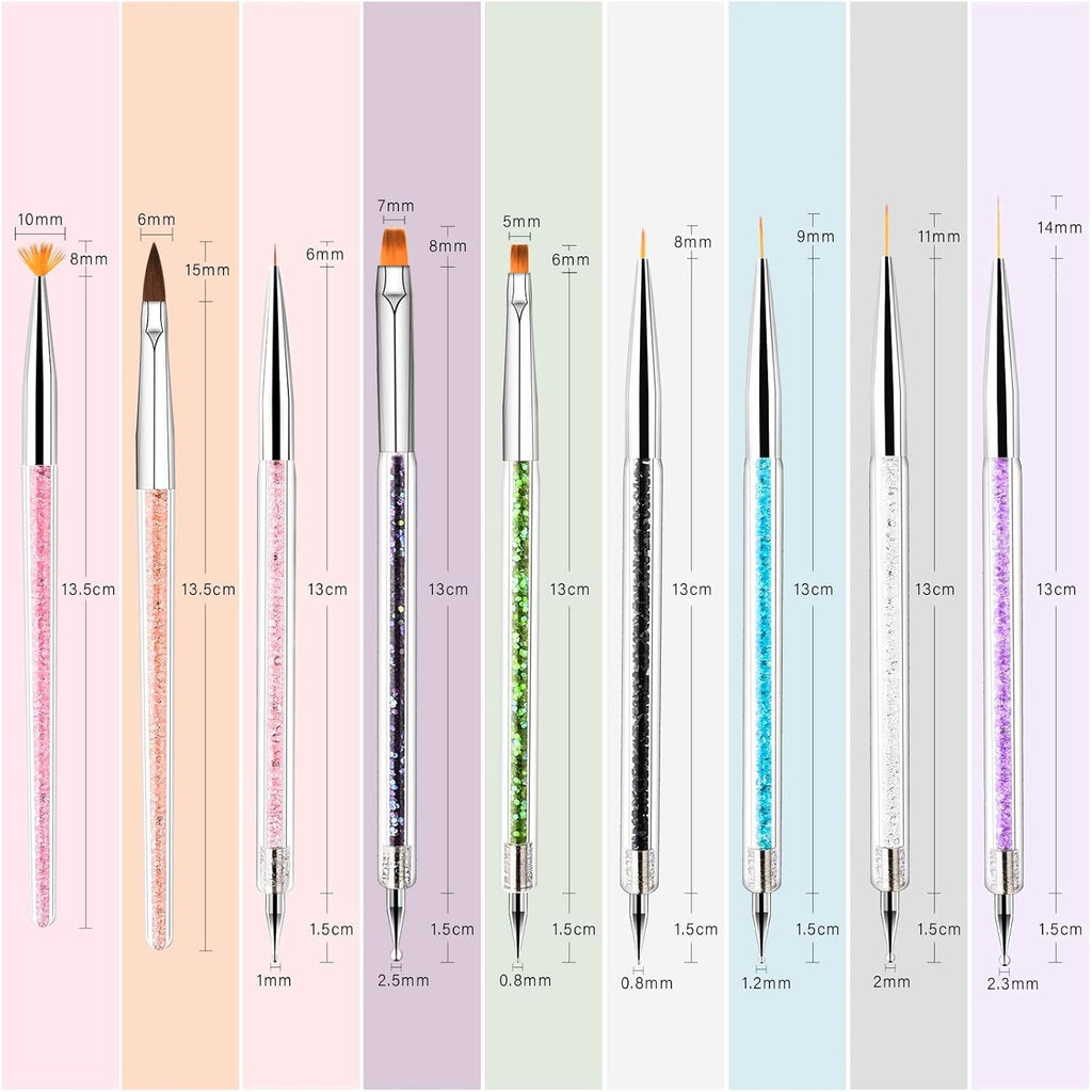 Nail Art Brushes 9PCS Nail Brush Set with Liner Brush and Dotting Pens for Home and Professional Salon Use