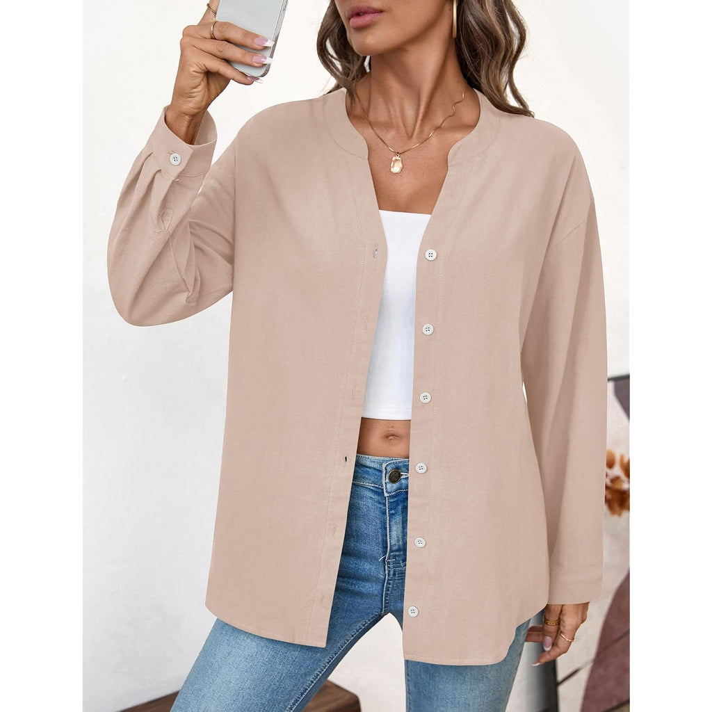 Lomon Womens Button Down Shirts Long Sleeve Cotton Button Up Shirt Linen V Neck Casual Loose Tops Blouses