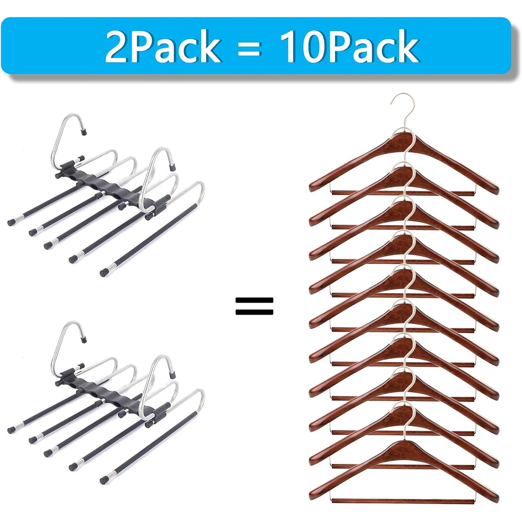 Magic Pants Hangers Space Saving - 2 Pack For Closet Multiple Layers Multifunctional Uses Rack Organizer For Trousers Scarves Slack (2 Pack With 10 Metal Clips)