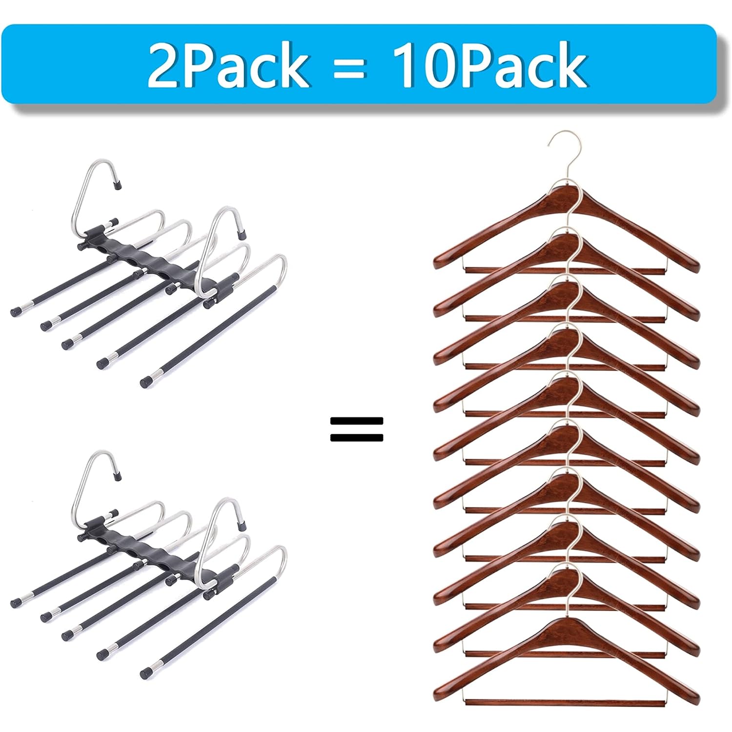 Magic Pants Hangers Space Saving - 2 Pack For Closet Multiple Layers Multifunctional Uses Rack Organizer For Trousers Scarves Slack (2 Pack With 10 Metal Clips)