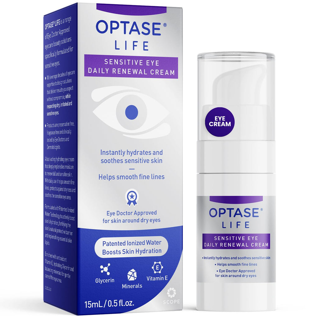 Optase Life Sensitive Eye Daily Renewal Cream - Hydrating Eye Cream For Skin Use Around Dry And Sensitive Eyes - Smooths Fine Lines, Preservative-Free, Eye Doctor And Dermatologist Approved - 15 Ml