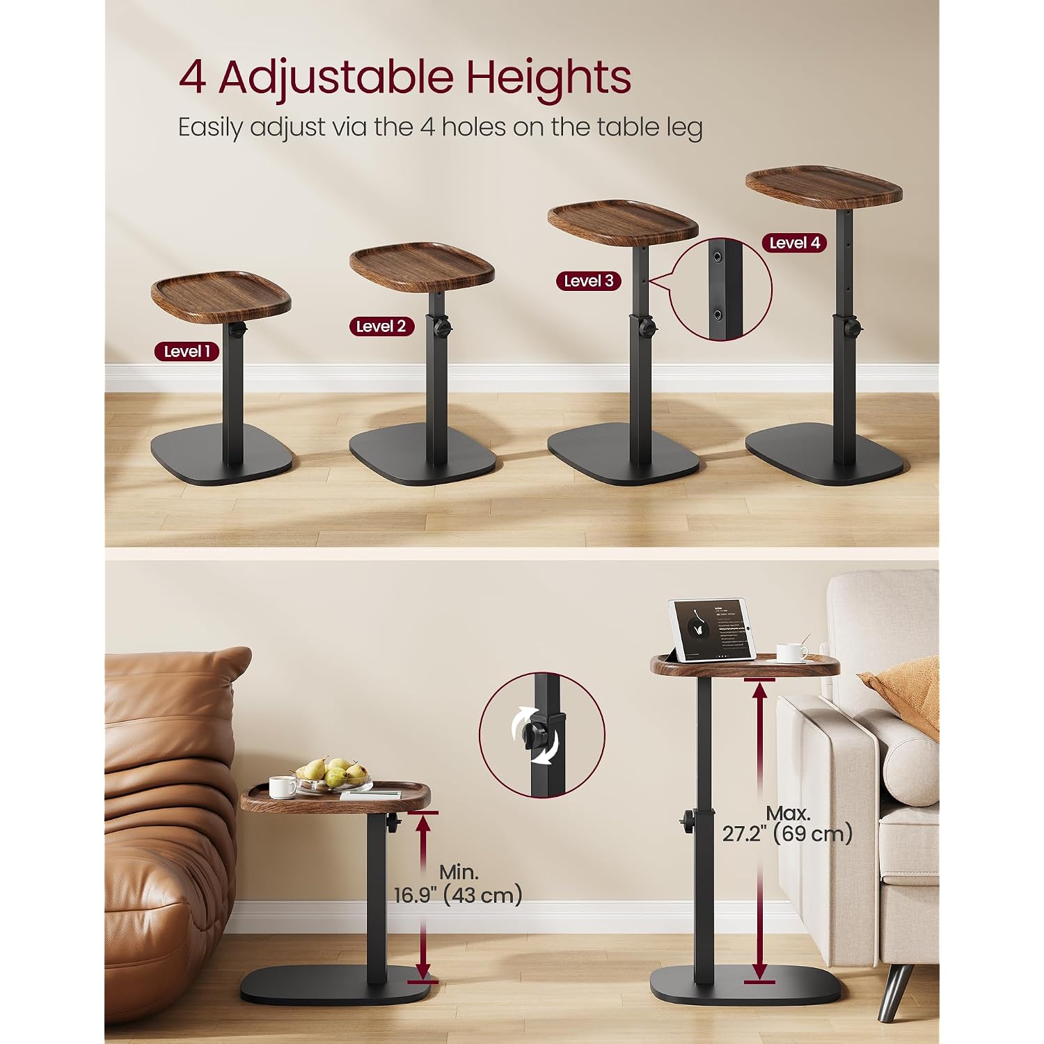 Vasagle C Side Table Adjustable Height, Couch Sofa Table, End Table, Tv Tray For Small Spaces, 11.8 X 15.7 X 27.2 Inches, For Living Room, Bedroom, Walnut Brown And Ink Black Ulet363M101