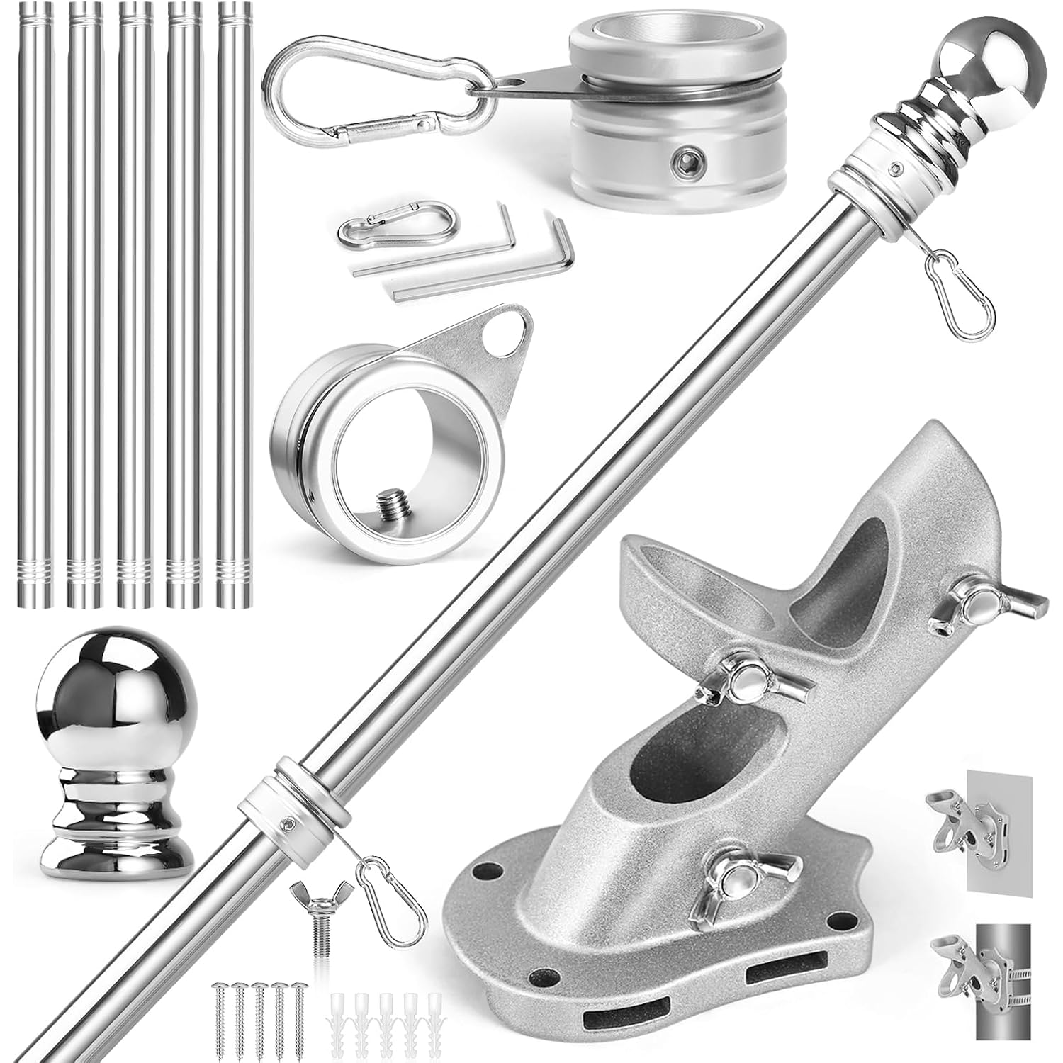 Anovo Flag Pole Kit- Stainless Steel 6 Ft Flag Poles With1 Inch Metal 360° Rotating Flag Pole Rings Clip, Two-Position Flag Pole Holder Brackets Mounting For Outside House Outdoor Porch (6 Ft-Sliver)