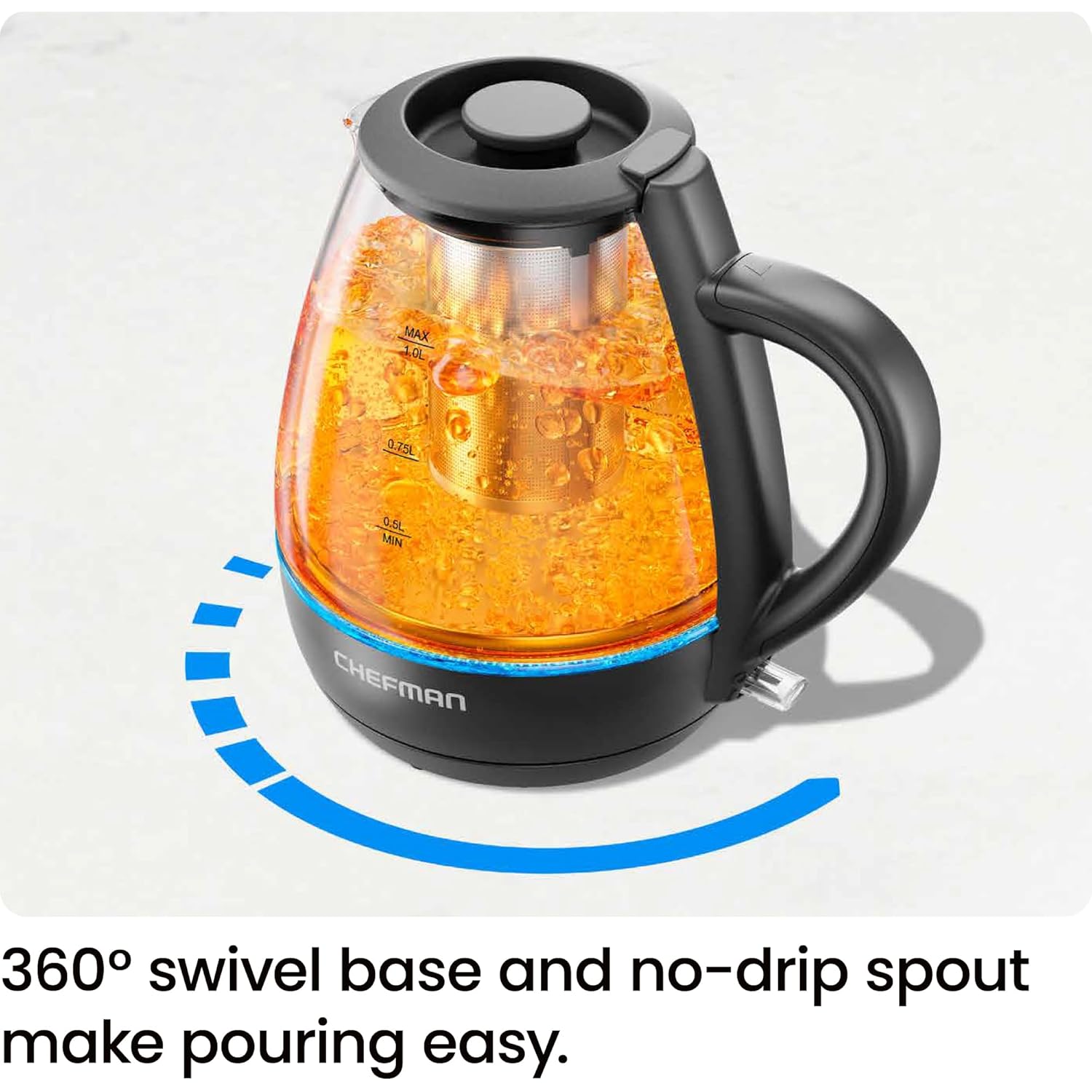 Chefman Electric Kettle with Tea Infuser, Compact 1L (4 Cups), 1500W, Removable Lid for Easy Cleaning, Boil-Dry Protection, Stainless Steel Filter, BPA Free, Auto Shut Off, Small Electric Tea Kettle