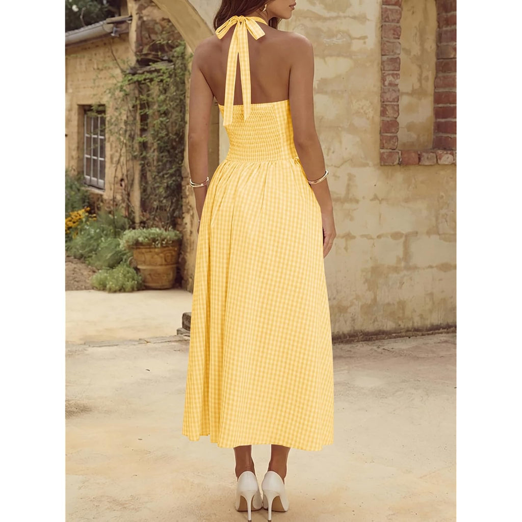 Wenrine Womens Halter V Neck Corset Maxi Dresses Summer Plaid Smocked Tie Back Backless Wedding Guest Drop Waist Dress