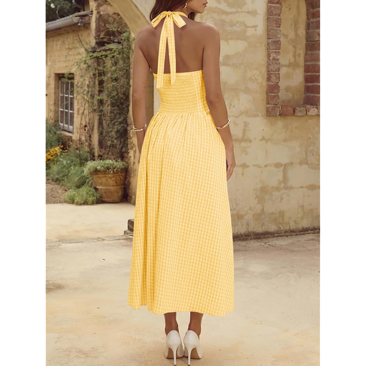 Wenrine Womens Halter V Neck Corset Maxi Dresses Summer Plaid Smocked Tie Back Backless Wedding Guest Drop Waist Dress