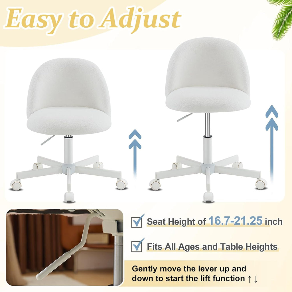 Vingli Modern Vanity Chair With Back, Velvet Desk Chair For Girls, Small Office Chair With Silent Wheels， Stylish And Comfortable, White