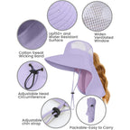 Sun Hats for Women UV Protection with Neck Flap Wide Brim Beach Hats with Ponytail Hole for Hiking Fishing Gardening Travel