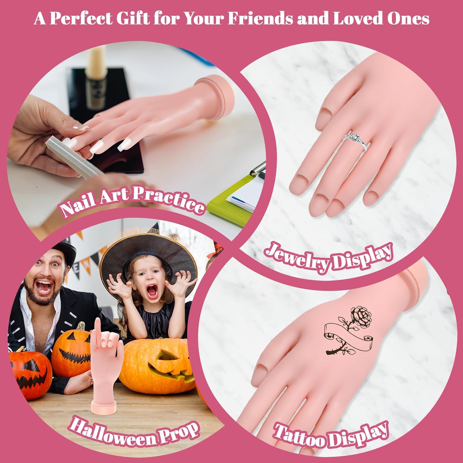 Practice Hand for Acrylic Nails Flexible Bending Nail Practice Hand Training Fake Hand Nail Hand Practice Tools with 100PCS Nail Tips, 120PCS Jelly Double Sided Nail Adhesives and 9PCS Brush