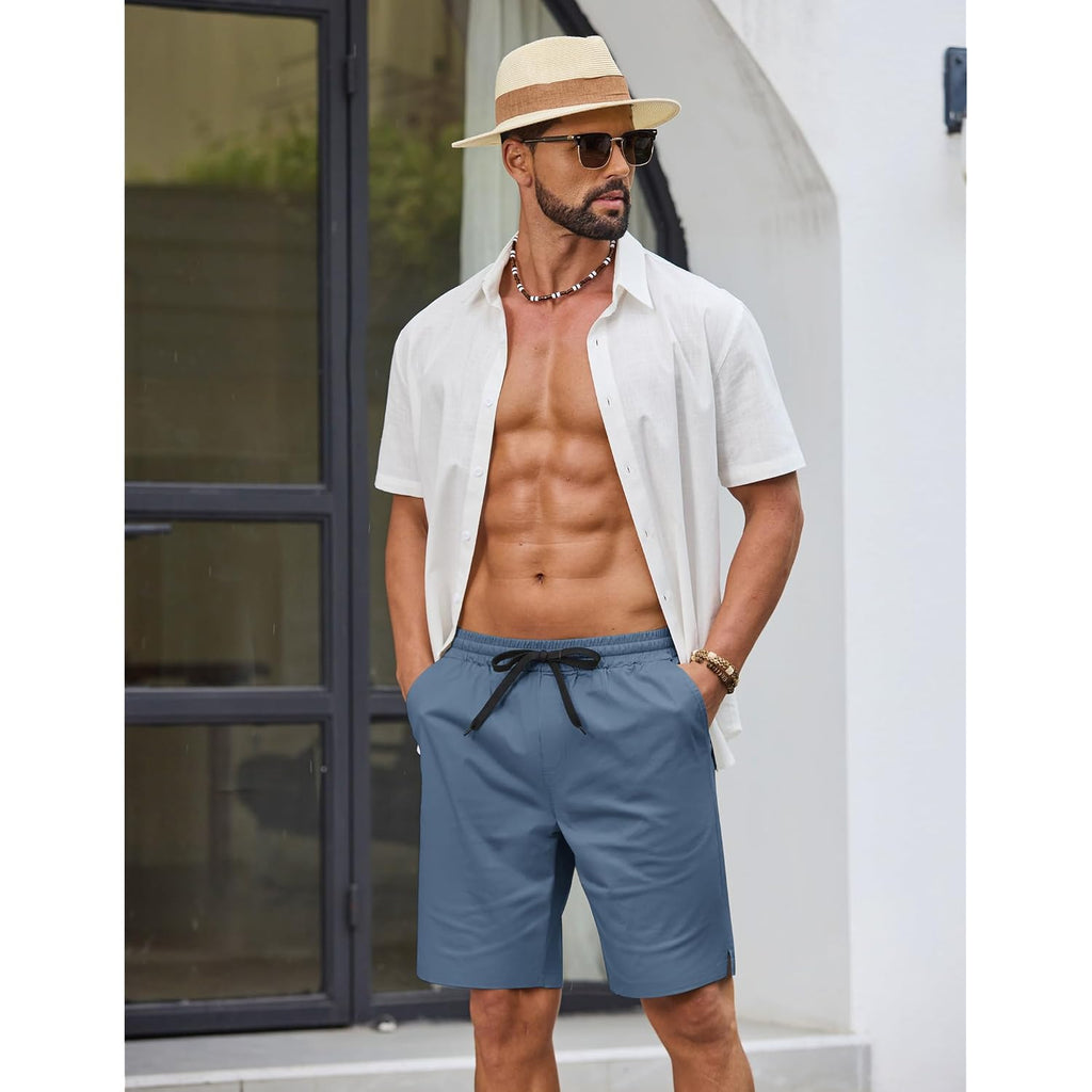 Coofandy Mens Casual Shorts Cotton Drawstring Elastic Waist Lightweight 9" Chino Golf Shorts Summer Beach Shorts
