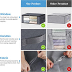 Homehacks Storage 3-Pack Clothes Organizer Storage Bags Foldable Storage Box With Large Clear Window Sturdy Handles For Closet, Dorm, Pillows, Bedding, Clothes, Blankets, 35L, Gray