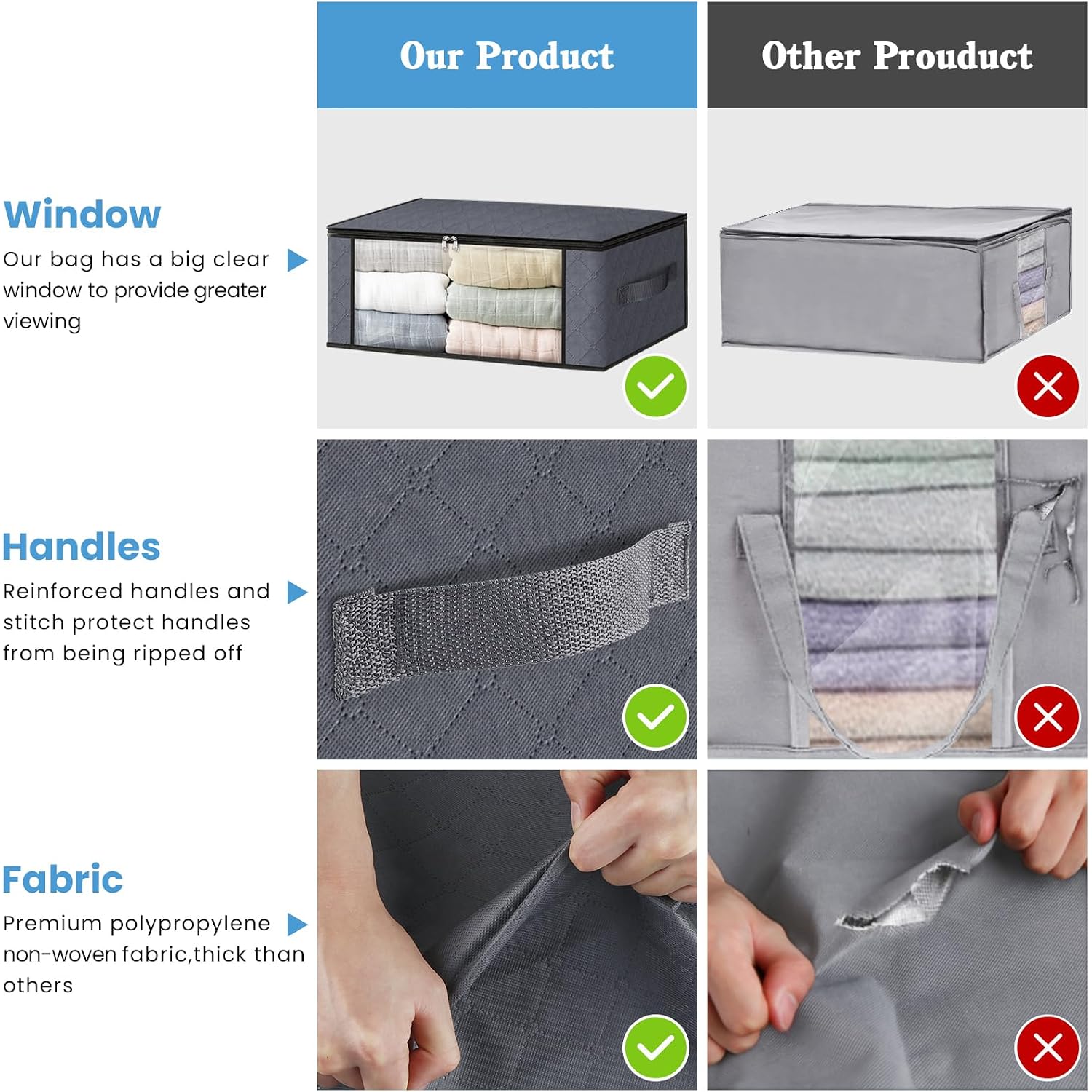 Homehacks Storage 3-Pack Clothes Organizer Storage Bags Foldable Storage Box With Large Clear Window Sturdy Handles For Closet, Dorm, Pillows, Bedding, Clothes, Blankets, 35L, Gray
