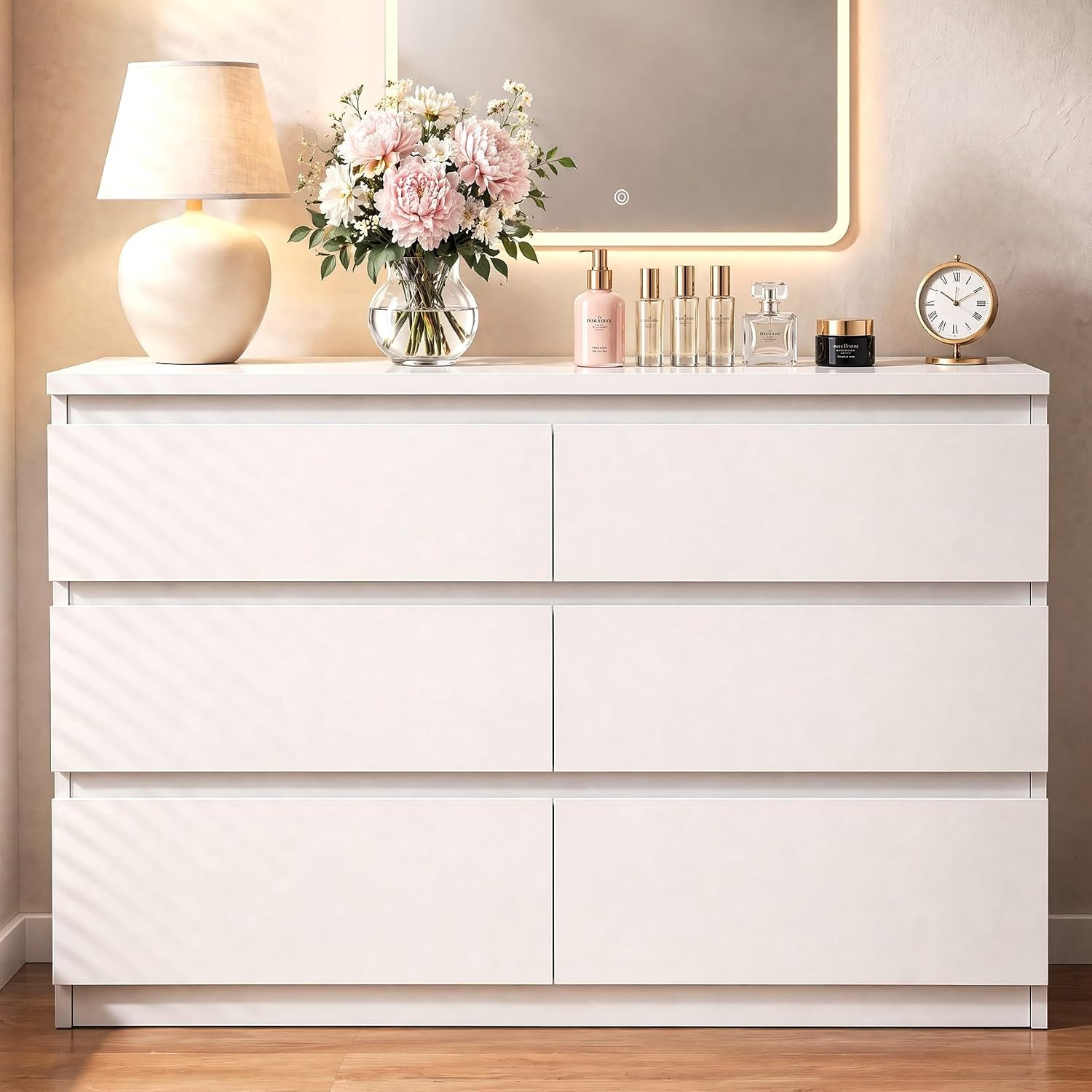 6 Drawer Double Dresser For Bedroom, Modern Simply Chest Of Drawers, Wood Storage Dresser With Anti-Tipping For Living Room Hallway Entryway, Nursy White (15.3" D X 47.2" W X 32.3" H)