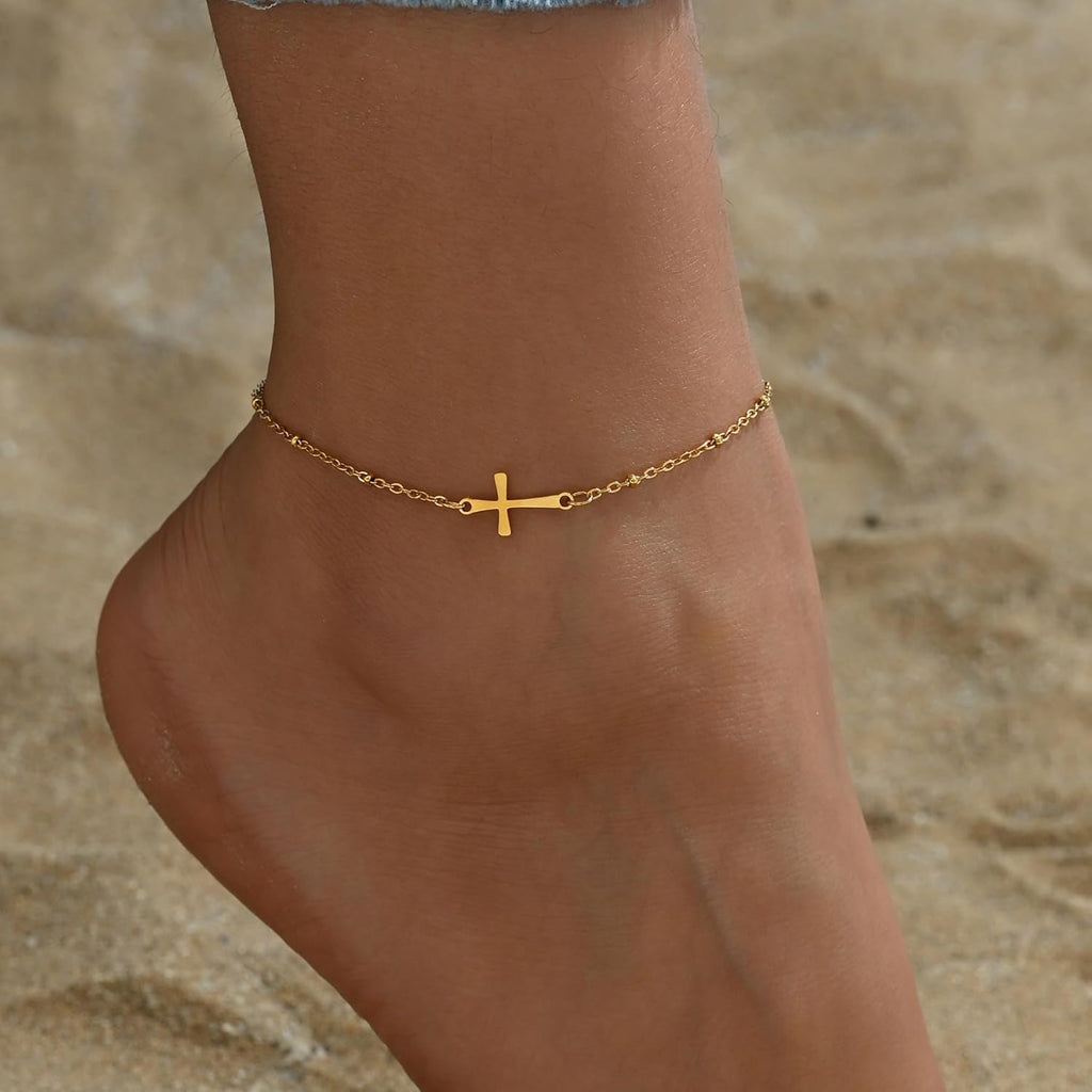 NONAMOIS Ankle Bracelets for Women Dainty 18K Gold Plated Anklet Waterproof Round Beaded Paperclip Herringbone Pearl Chain Anklets Waterproof Beach Foot Jewelry