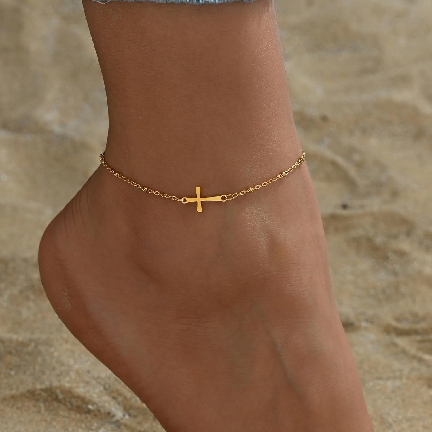 NONAMOIS Ankle Bracelets for Women Dainty 18K Gold Plated Anklet Waterproof Round Beaded Paperclip Herringbone Pearl Chain Anklets Waterproof Beach Foot Jewelry