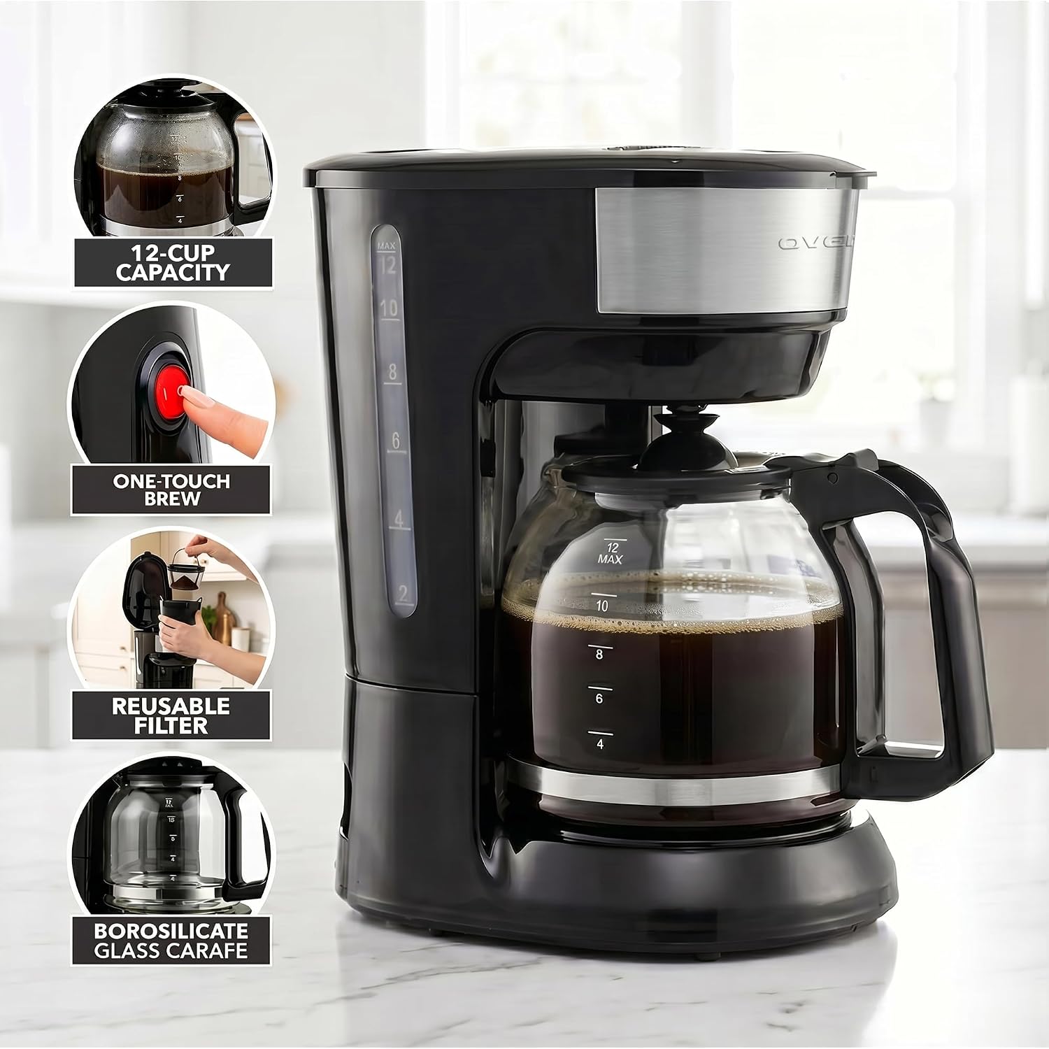 Ovente 12-Cup Drip Coffee Maker With Borosilicate Glass Carafe, One-Touch Operation Machine, Anti-Drip System, Reusable Filter And Clear View Water Level Gauge, Ideal For Home Or Office, Black Cm412B