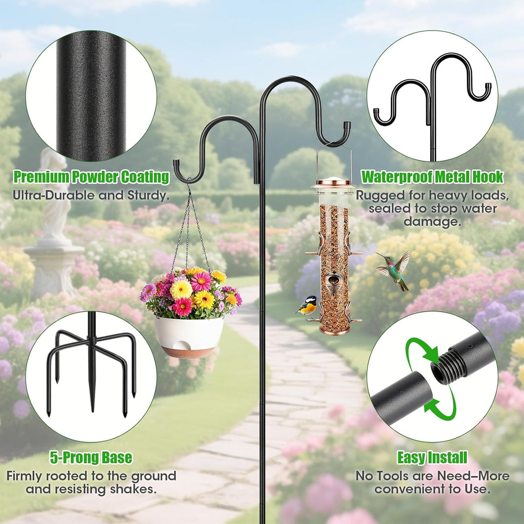 79 Inch Double Shepherds Hooks For Outdoor, Heavy Duty Bird Feeder Pole With 5 Prongs Base For Hanging Lantern, Hummingbird Feeder, Lightweight Plant, Shepherds Hook For Bird Feeders For Outside