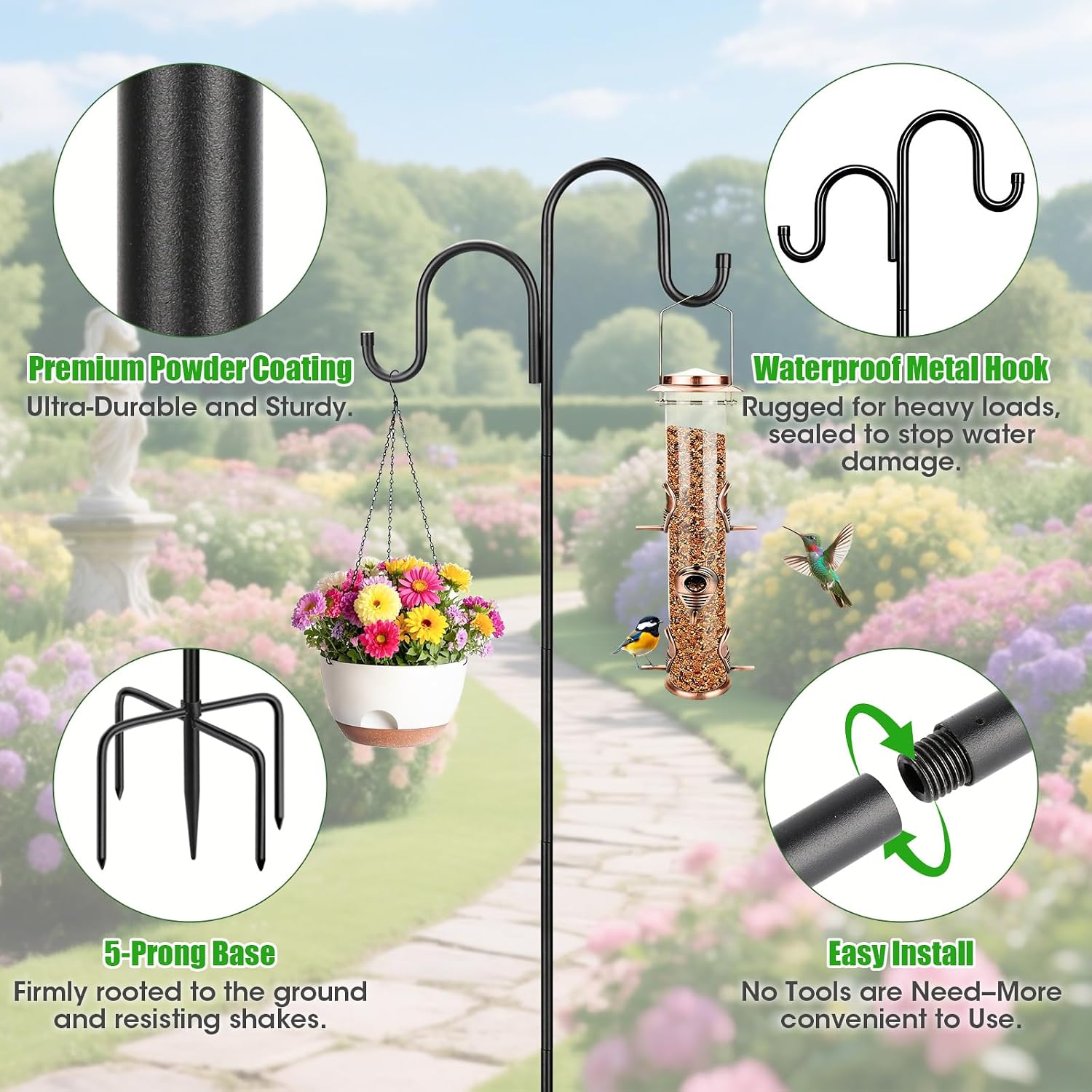 79 Inch Double Shepherds Hooks For Outdoor, Heavy Duty Bird Feeder Pole With 5 Prongs Base For Hanging Lantern, Hummingbird Feeder, Lightweight Plant, Shepherds Hook For Bird Feeders For Outside