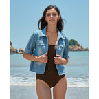 Womens 3/4 Sleeve Short Denim Jacket Lapel Button Down Cropped Trucker Jean Jackets Coats