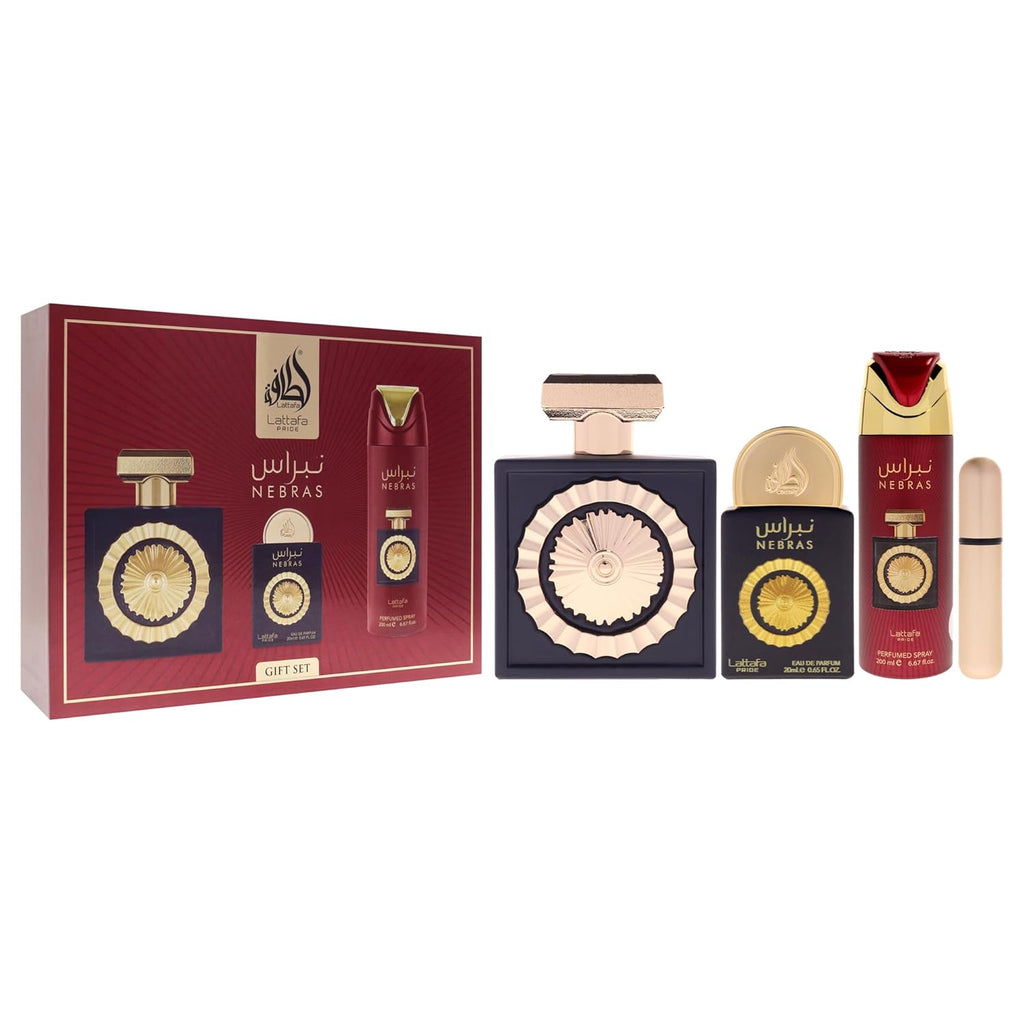 Lattafa Pride Nebras – Fruity, Sweet, Vanilla, Amber – 3-Piece Gift Set for Unisex (3.4 Ounce Eau de Parfum Spray + 0.65 Ounce Eau de Parfum Spray + 6.67 Ounce Deodorant Spray)