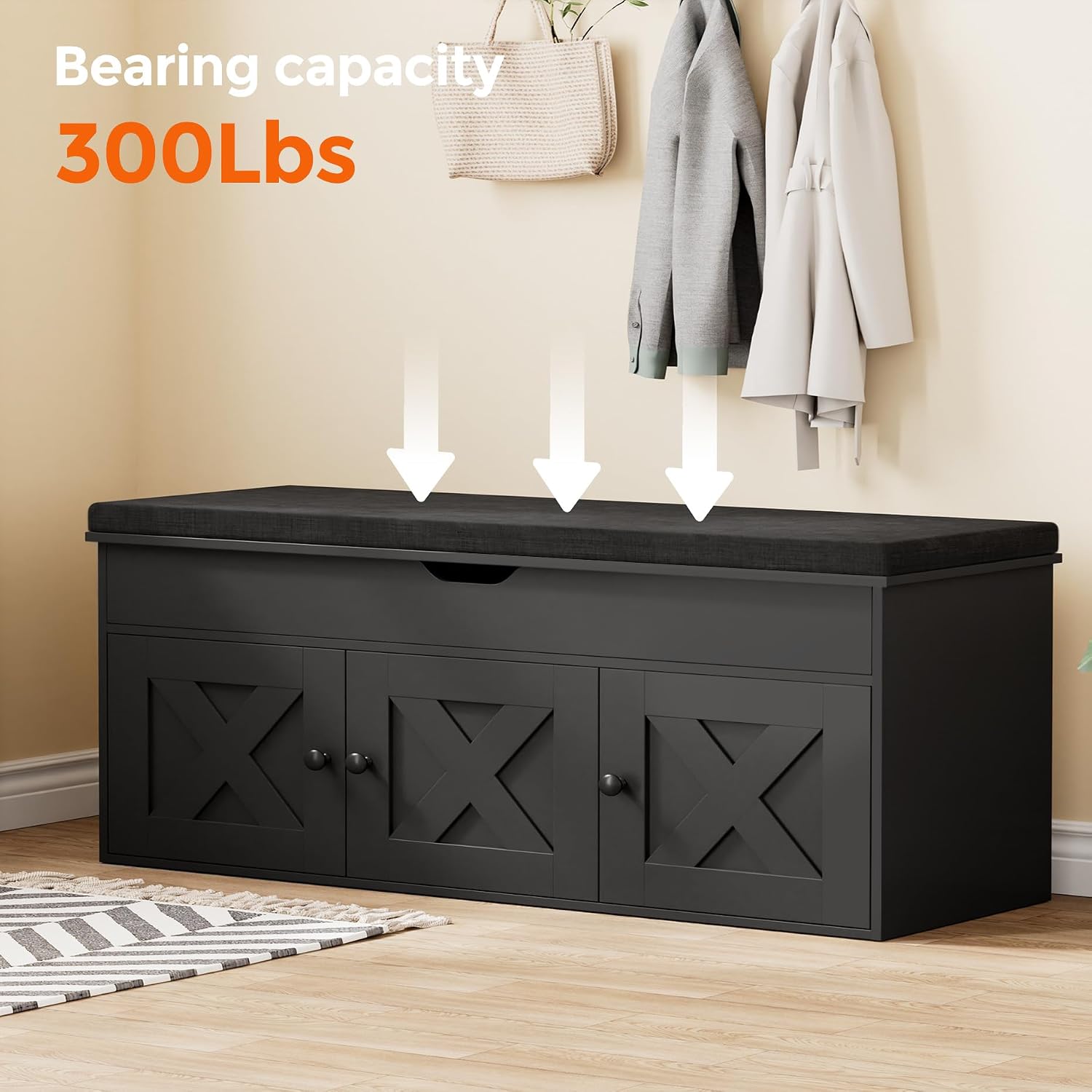 Shoe Storage Bench With Lift Top & 3 Barn Doors, Entryway Bench With Removable Cushion, Adjustable Shelf, Hidden Storage Cabinet For Hallway, Living Room, Bedroom - Black