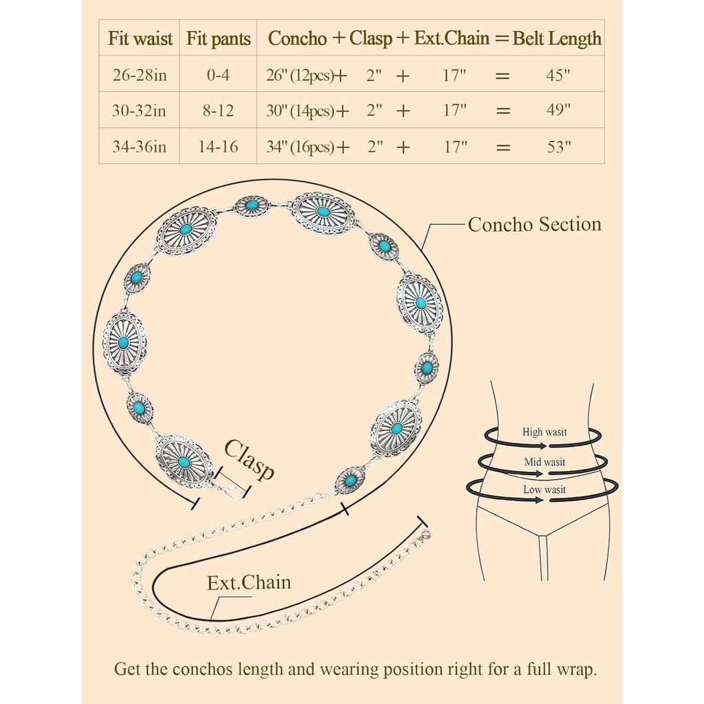 TOPACC Western Metal Concho Belt for Women Cowgirl Chain Belts for Dresses Jeans Country Concert Outfit