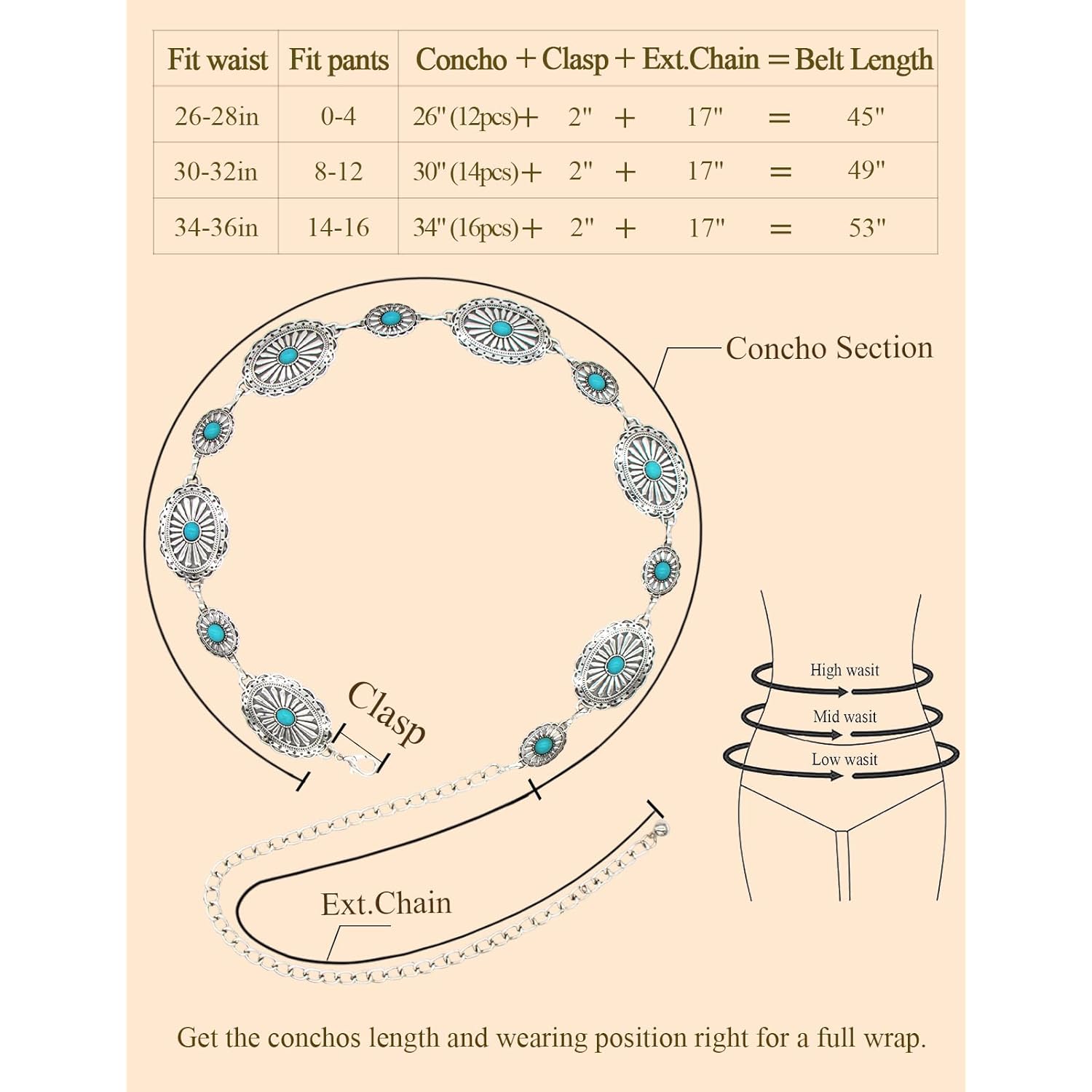 TOPACC Western Metal Concho Belt for Women Cowgirl Chain Belts for Dresses Jeans Country Concert Outfit