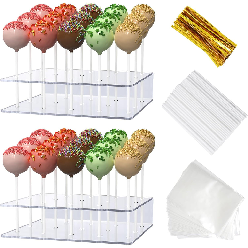 2 Pack Cake Pop Stand with Sticks Kit, Acrylic Lollipop Hold Stand, Clear Cake Pop Display Holder, 15 Holes Candy Pop Holder with 100 Pcs Sticks, 100 Pcs Clear Wrappers, 100 Pcs Gold Twist Ties
