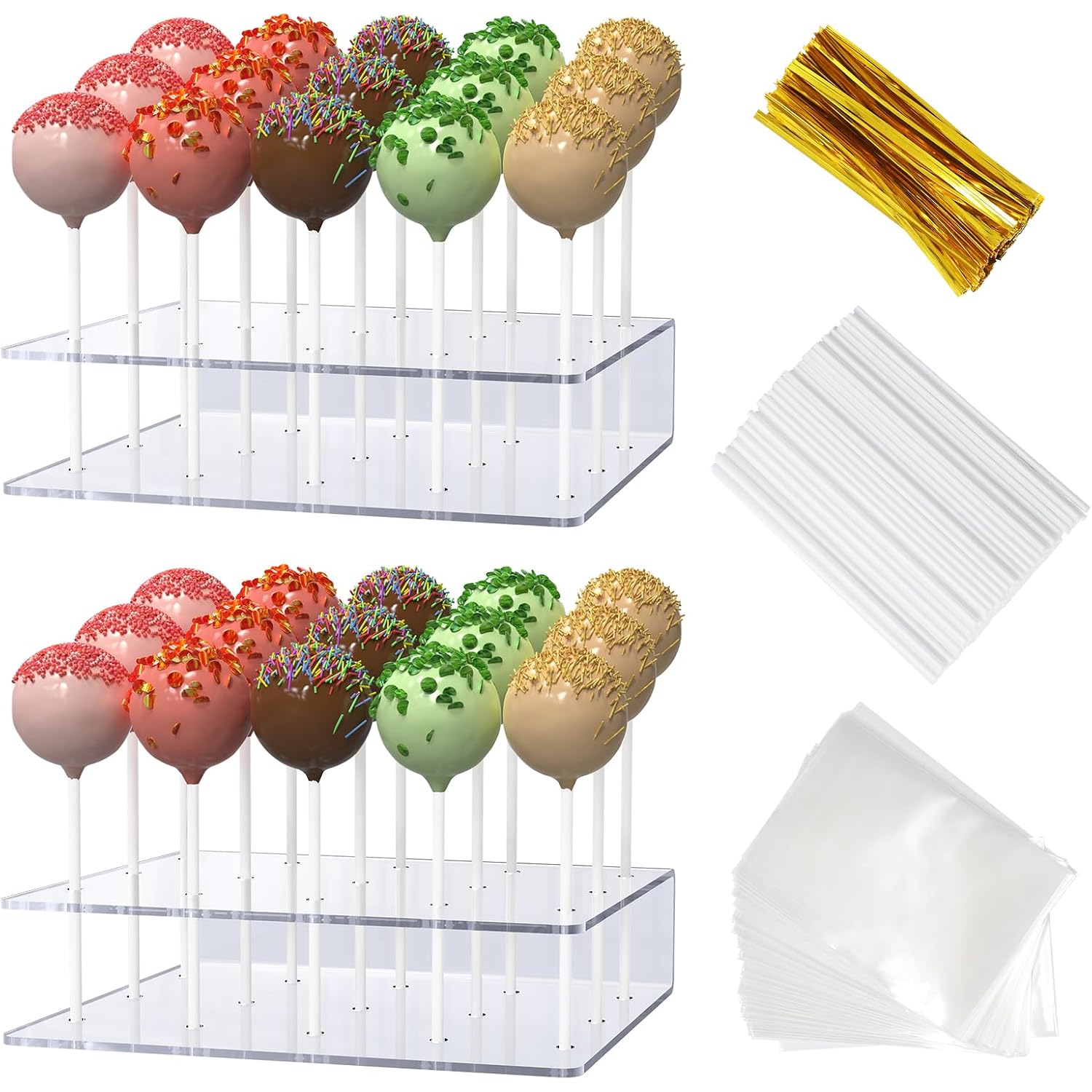 2 Pack Cake Pop Stand with Sticks Kit, Acrylic Lollipop Hold Stand, Clear Cake Pop Display Holder, 15 Holes Candy Pop Holder with 100 Pcs Sticks, 100 Pcs Clear Wrappers, 100 Pcs Gold Twist Ties